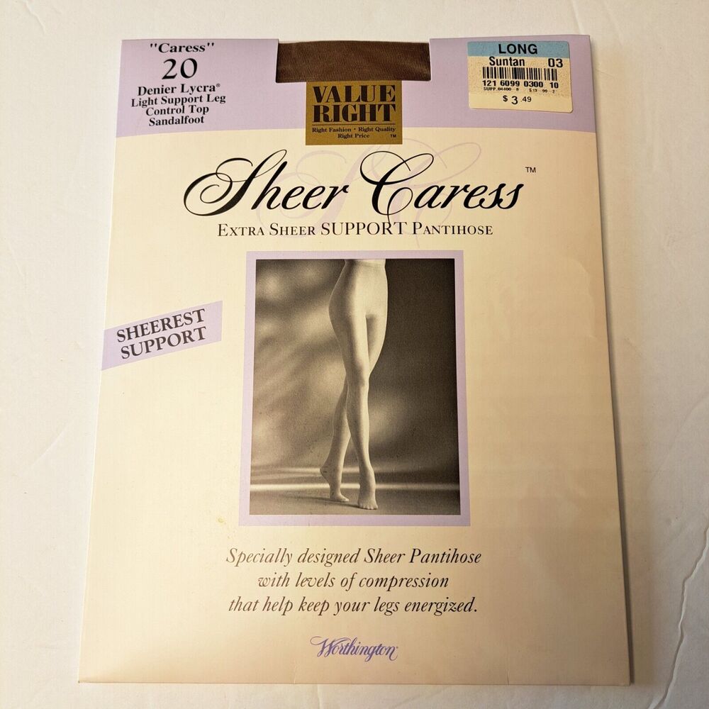 VINTAGE Worthington Sheer Caress SUPPORT PANTIHOSE WOMENS SIZE LONG SUNTAN USA
